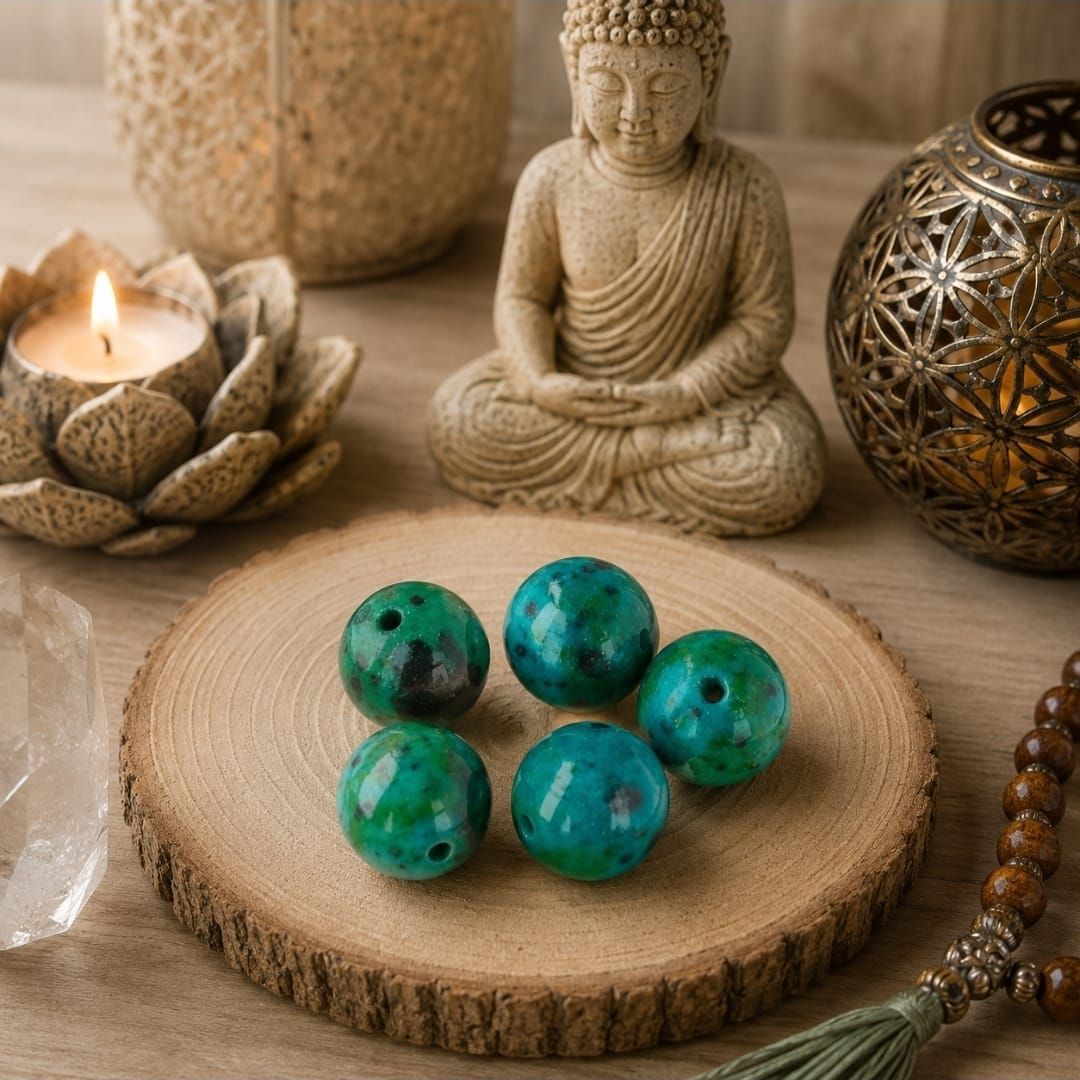 Groene kralen op een houten schijf naast een Boeddhabeeld, een kaars en een decoratieve bol op een spa-tafel.