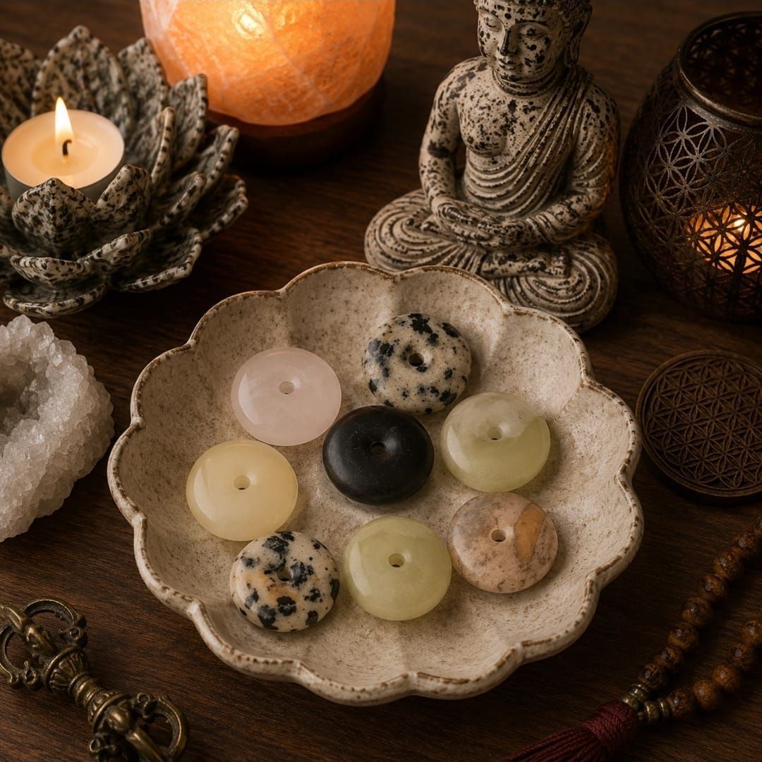 Meditatiealtaar met kaarsen, kristallen, een Boeddhabeeld en een schelpvormige schaal met zeven stenen.