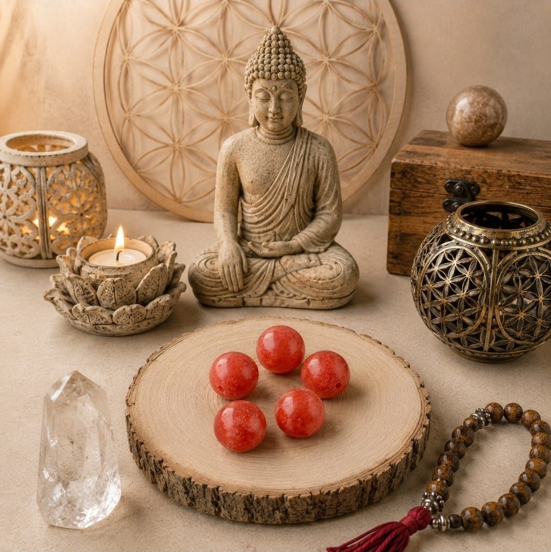 Meditatiealtaar met Boeddhabeeld, kaarsen, kristallen, rode kralen en decoratieve schalen op hout.