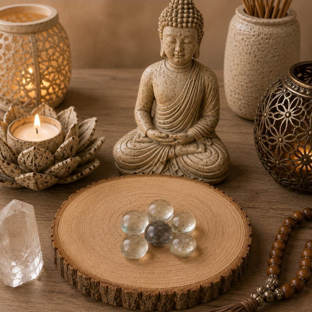 Een Boeddhabeeldje met kaarsen, kristallen en wierook op een houten tafel in een warme, spa-achtige omgeving.