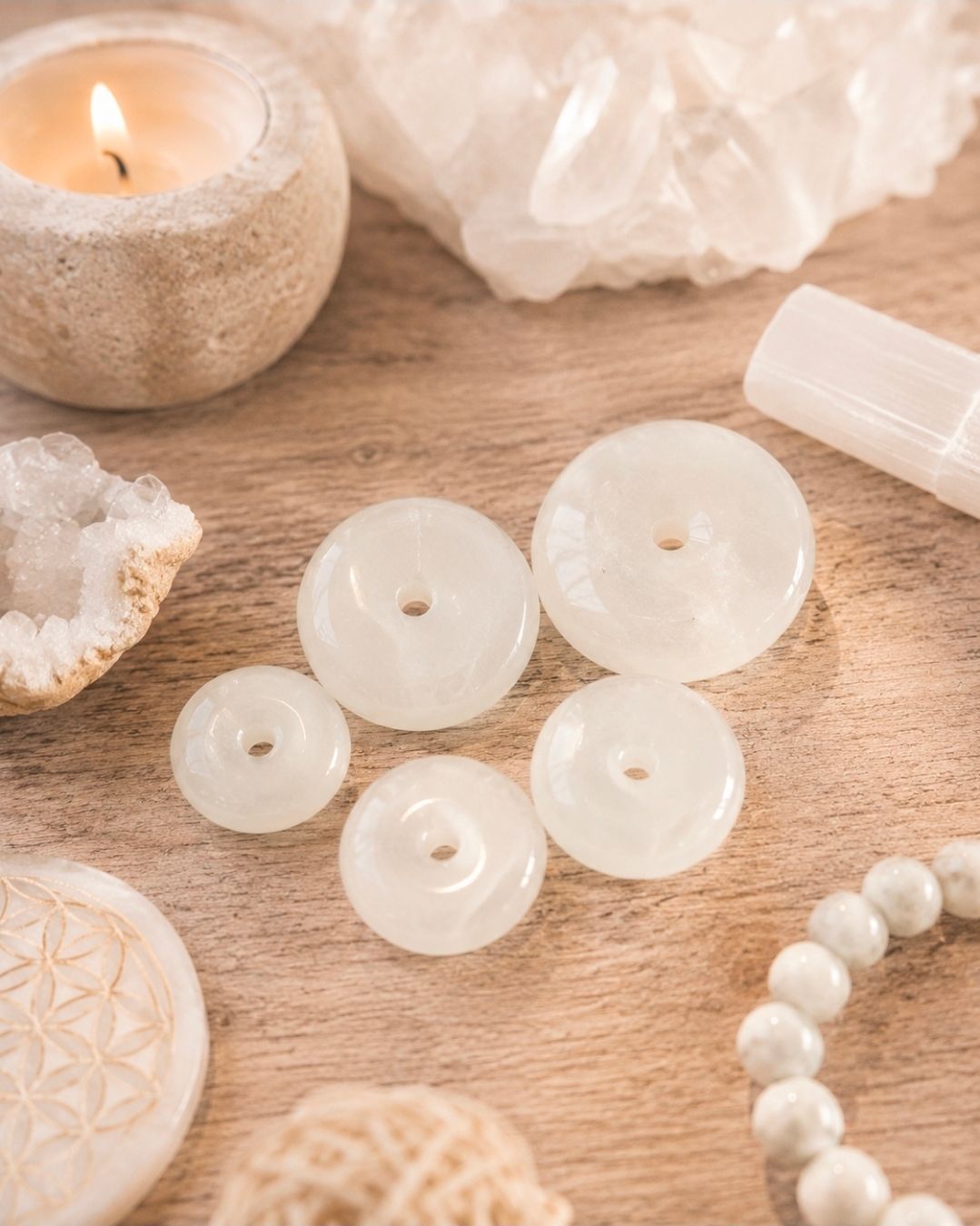 Aromatherapie-scène met witte kaarsen, kristallen en een kralenarmband op een houten ondergrond.