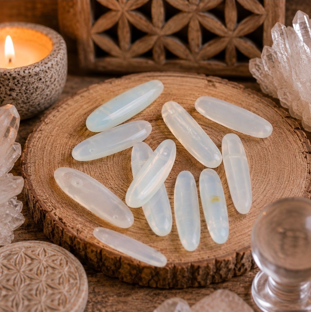 Witte, kristalachtige stenen gerangschikt op een houten schijf met kaarsen en decoratieve stenen in een warme spa-omgeving.