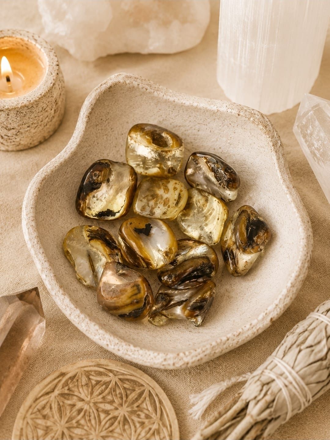 Gouden en zilveren sierstenen in een beige, gegolfde schaal op een gevlochten tafelblad, verlicht door kaarsen.