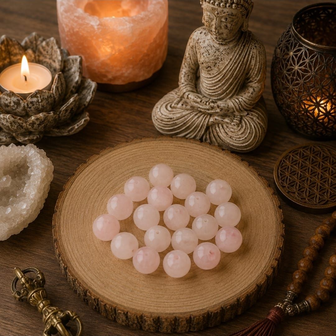 Roze kristallen kralen op een houten schijf naast kaarsen, een Boeddhabeeld en decoraties op een warme tafel.
