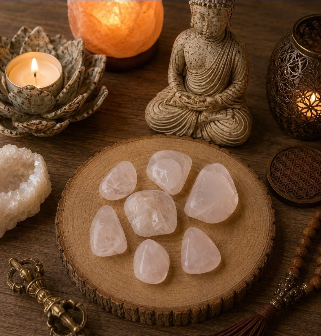Meditatiealtaar met rozenkwartskristallen, Boeddhabeeld, kaars en zoutlamp op een houten tafel.