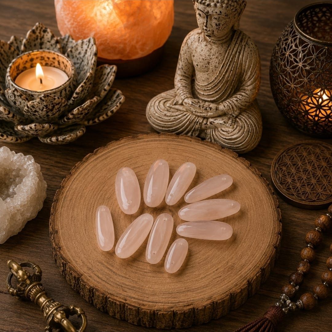 Spa-altaar met rozenkwartskristallen, Boeddhabeeld, kaarsen en warme amberkleurige decoratie.