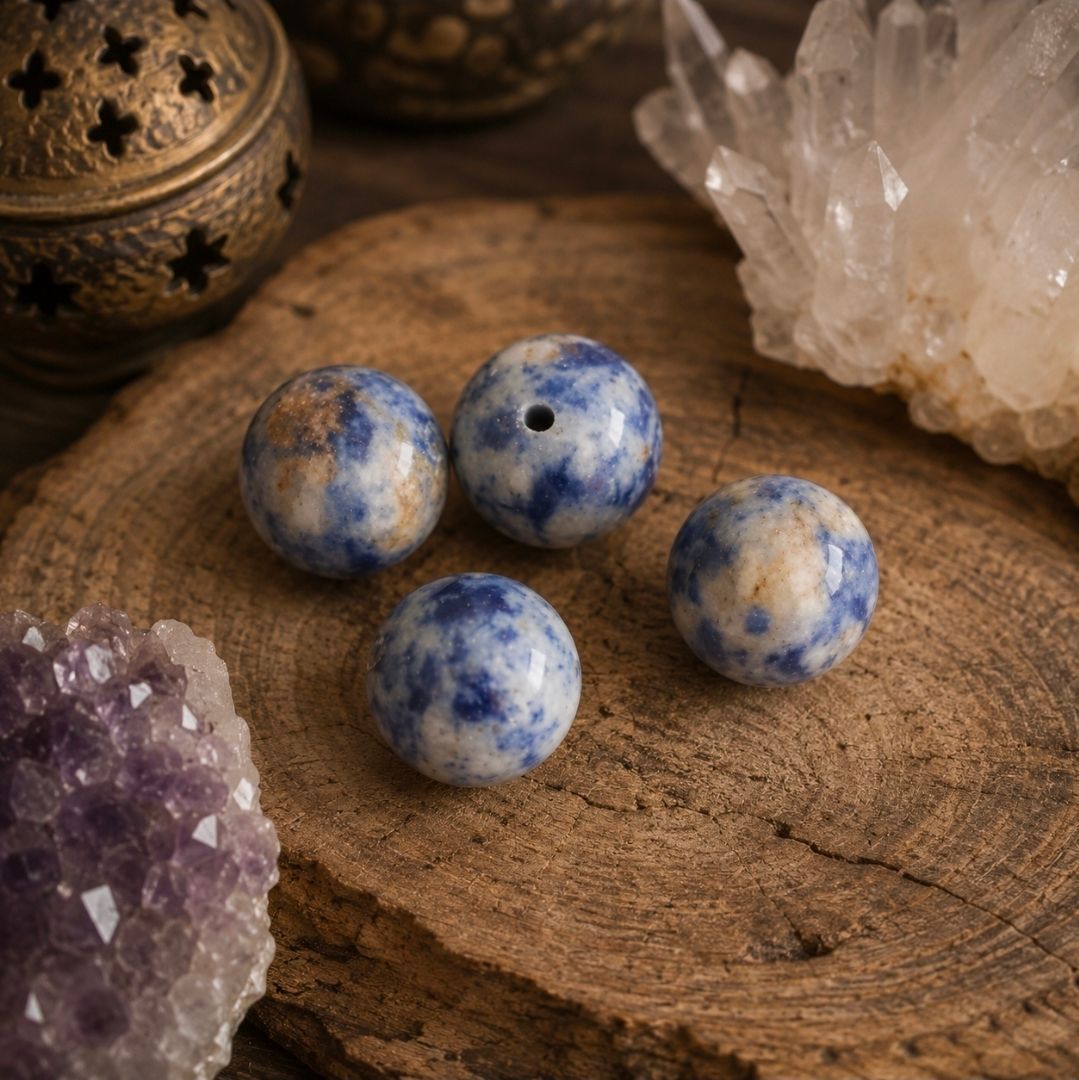 Vier blauw-wit gemarmerde stenen op een houten schijf, met amethist en heldere kristallen in de buurt.