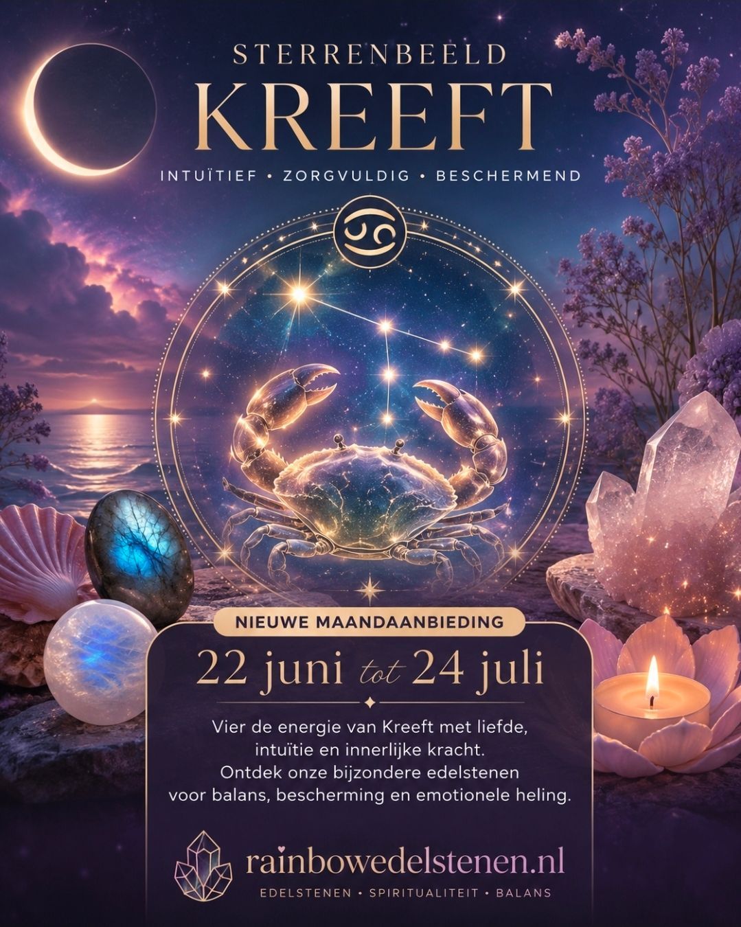 Sterrenbeeld Kreeft poster met gouden krab, maan, sterren en datum 22 juni–24 juli in paarse tinten