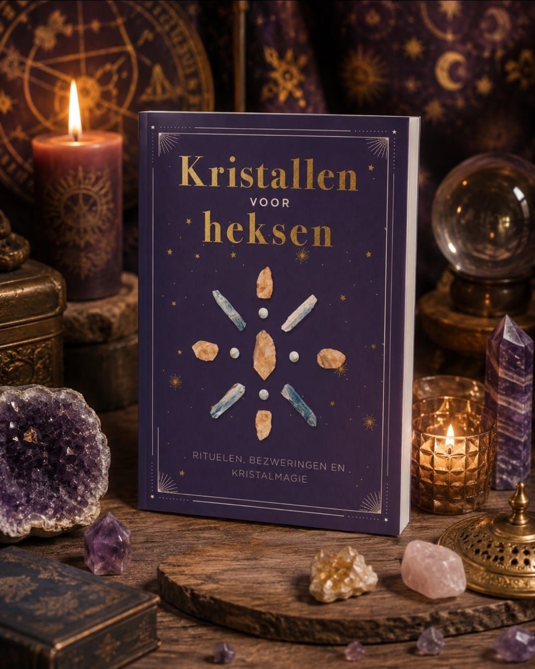 Een paars boek met kristalmotief op een rustiek altaar met kaarsen, kristallen en een kristallen bol.