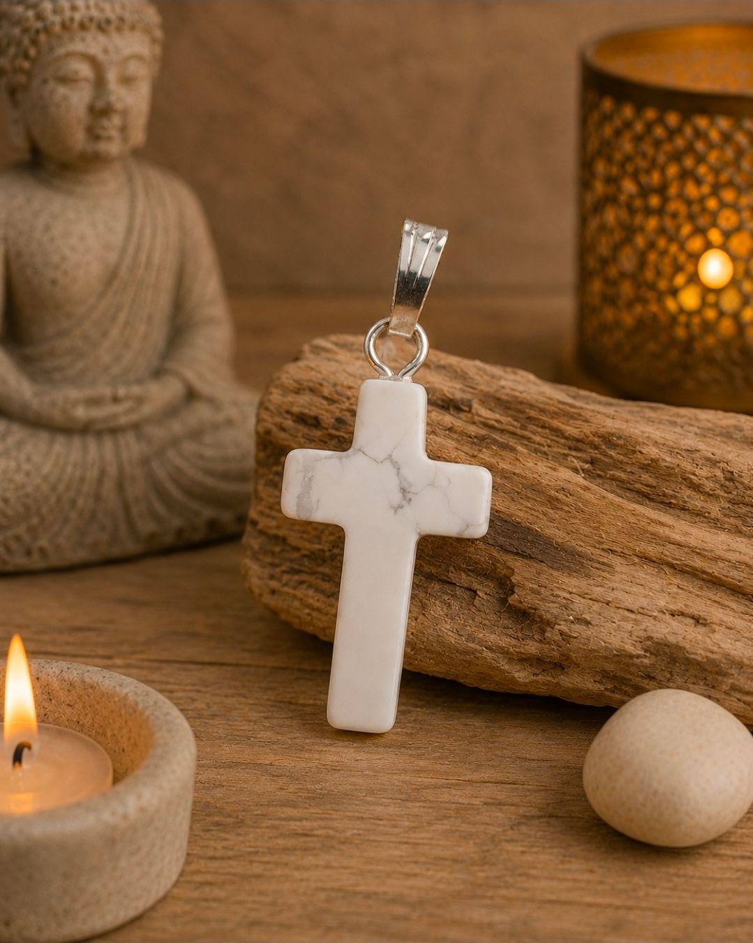 Witte kruishanger op een houten ondergrond met een Boeddhabeeld, kaars en warme lamp op de achtergrond.