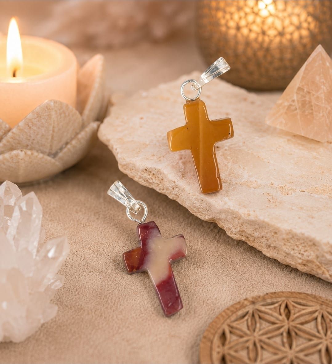 Twee doorschijnende kruishangers, amberkleurig en rood, op kristallen naast een brandende kaars en een beige stenen achtergrond.