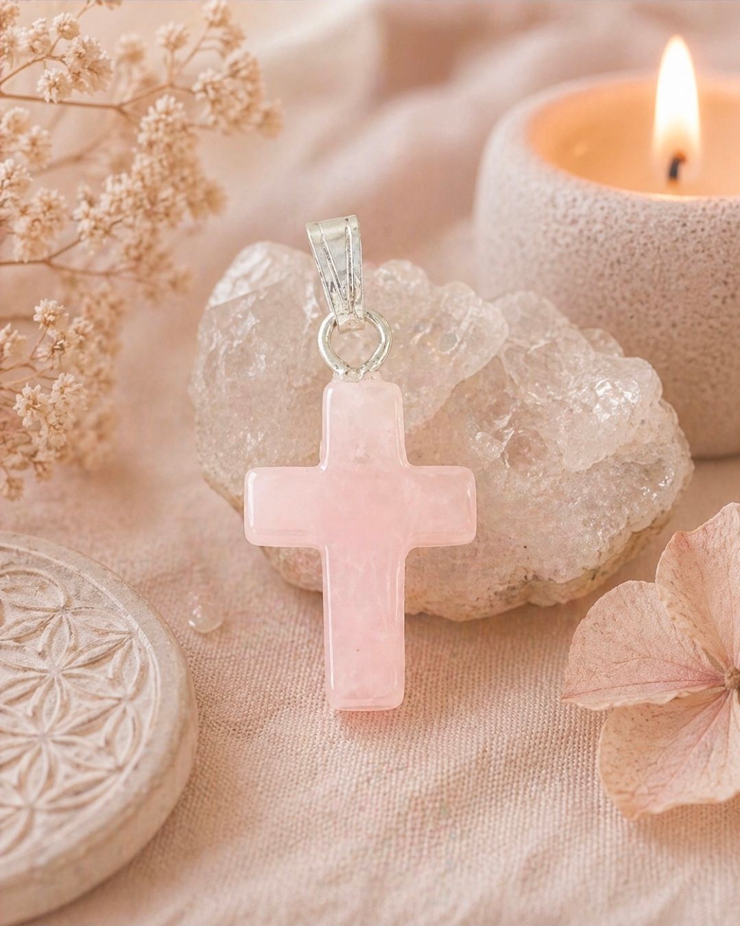 Roze kruishanger aan een zilveren ketting naast een brandende kaars en kristallen op een zachtbeige achtergrond.
