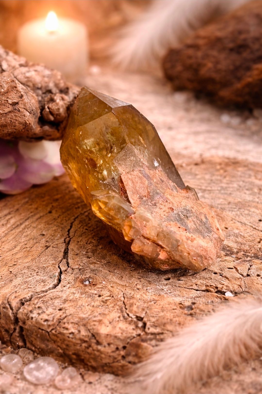 Gouden kristallen op ruw bruin hout, omgeven door zachte beige bontaccenten.