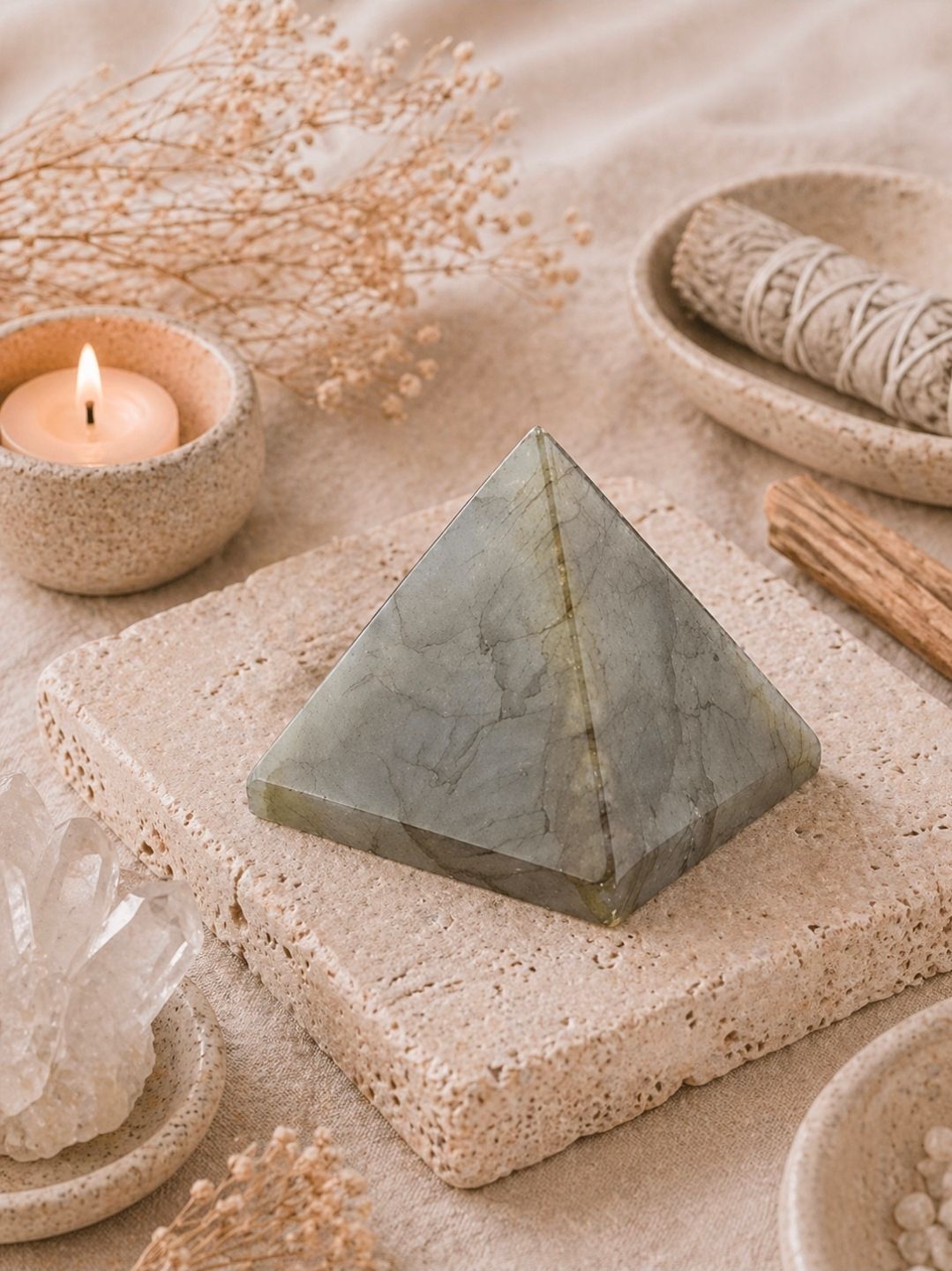 Grijze kristallen piramide op een beige stenen schaal naast een brandende kaars