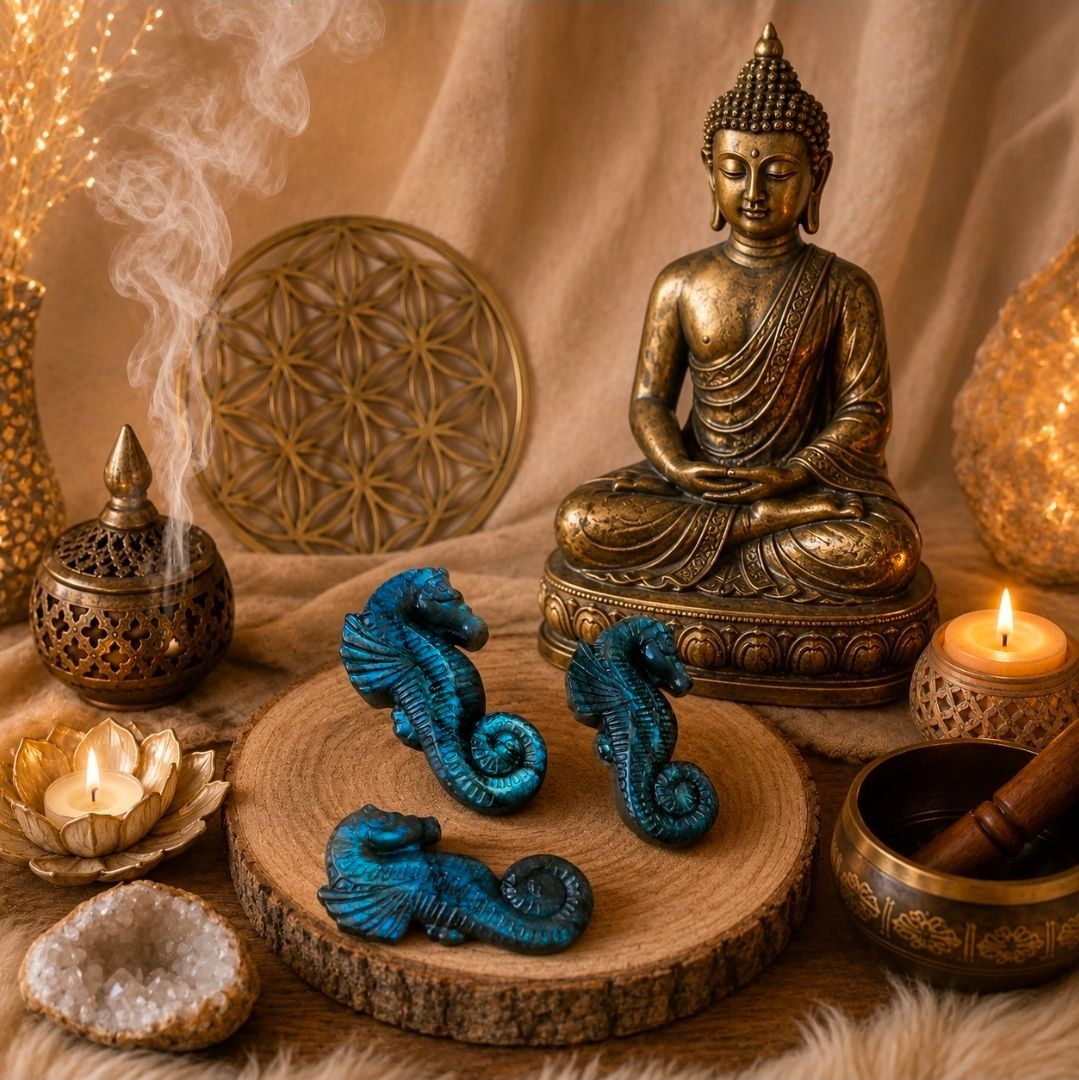 Een Boeddhabeeld met blauwe zeepaardjes, kaarsen, schalen en warme, spirituele decoraties op een tafel.
