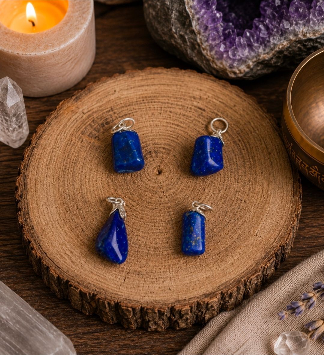 Vier blauwe edelsteenhangers op een houten schijfje naast een kaars en een amethistkristal.