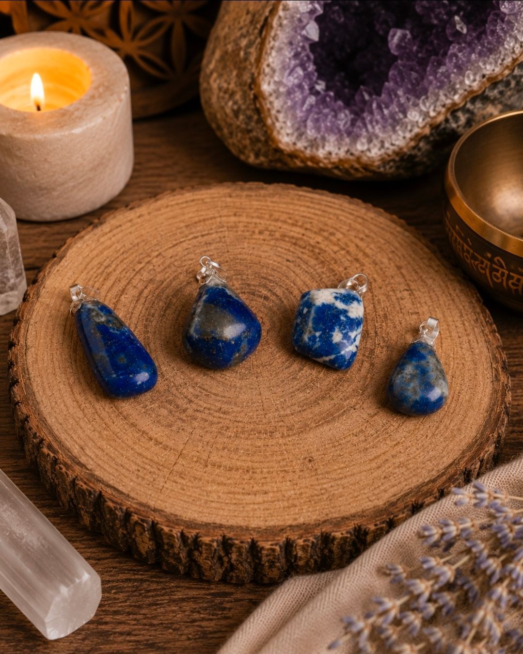 Hangers met blauwe edelstenen op een houten schijf, met kaarsen en kristallen in een gezellige presentatie.