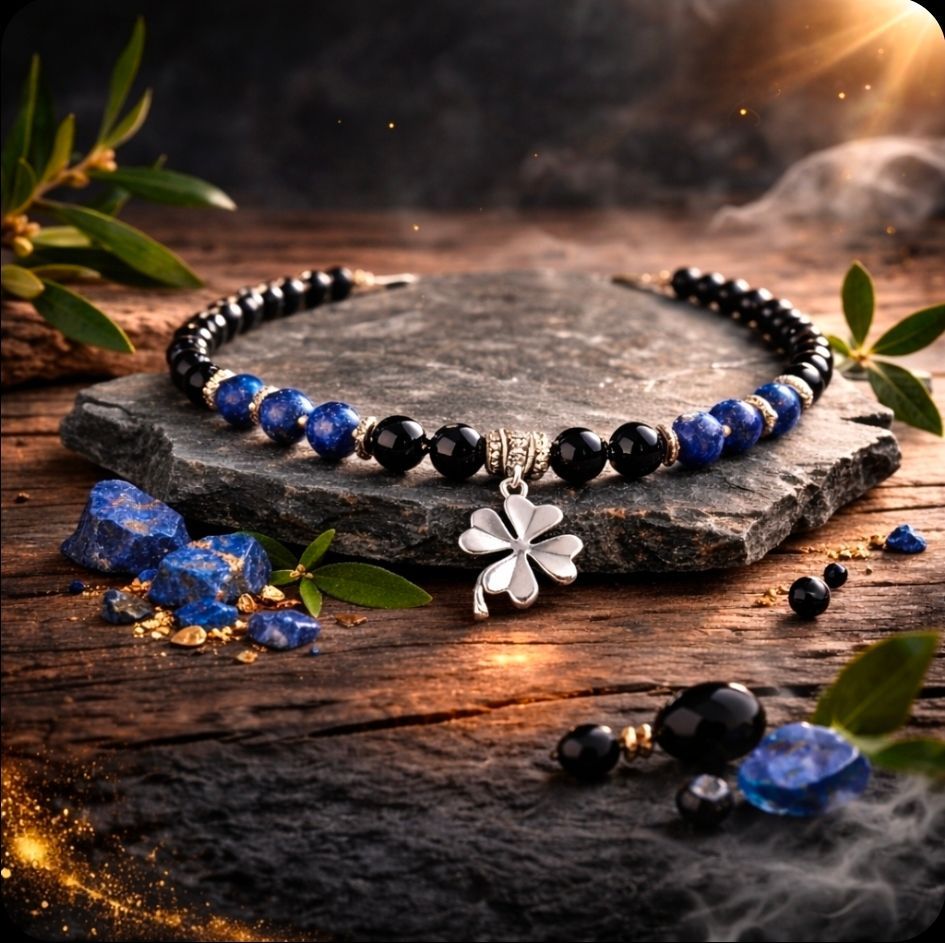 Blauw-zwarte kralenarmband met zilveren bloemhanger op een steen, verlicht door warm licht.
