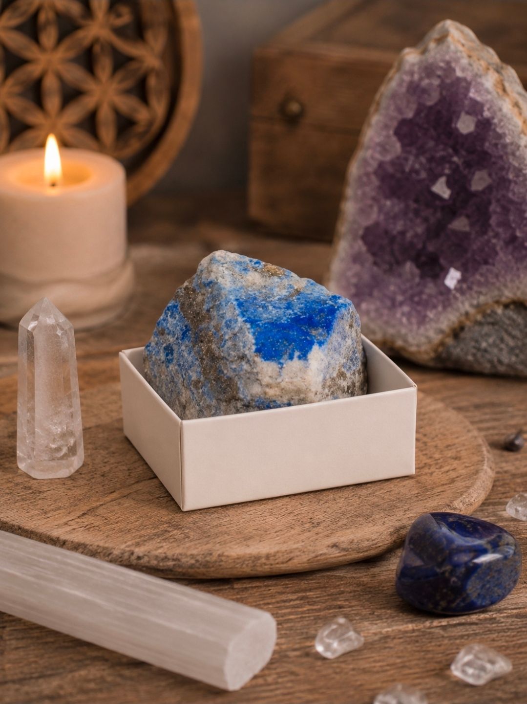 Kristallen en een kaars op een houten tafel, met daarop een blauw-wit mineraal, een paarse geode en een selenietstaaf.