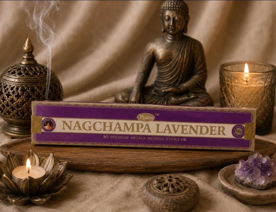 Boeddha-altaar met Nagchampa-lavendelwierook, kaarsen, kristallen en een paarse stenen achtergrond.