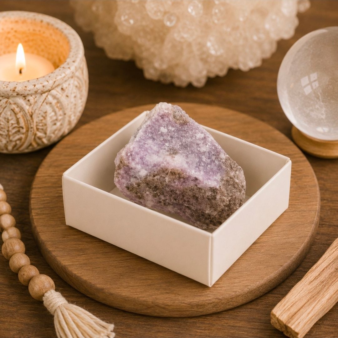 Paarse kristallen op een houten dienblad met een kaars, kralen en een klein schaaltje in een spa-achtige setting.