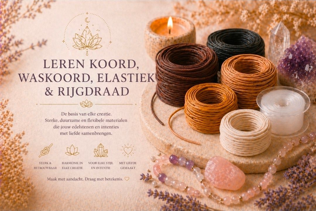 Macramékoorden en kralen in beige, bruin en roze naast Nederlandse tekst op een zachte pastelkleurige achtergrond.