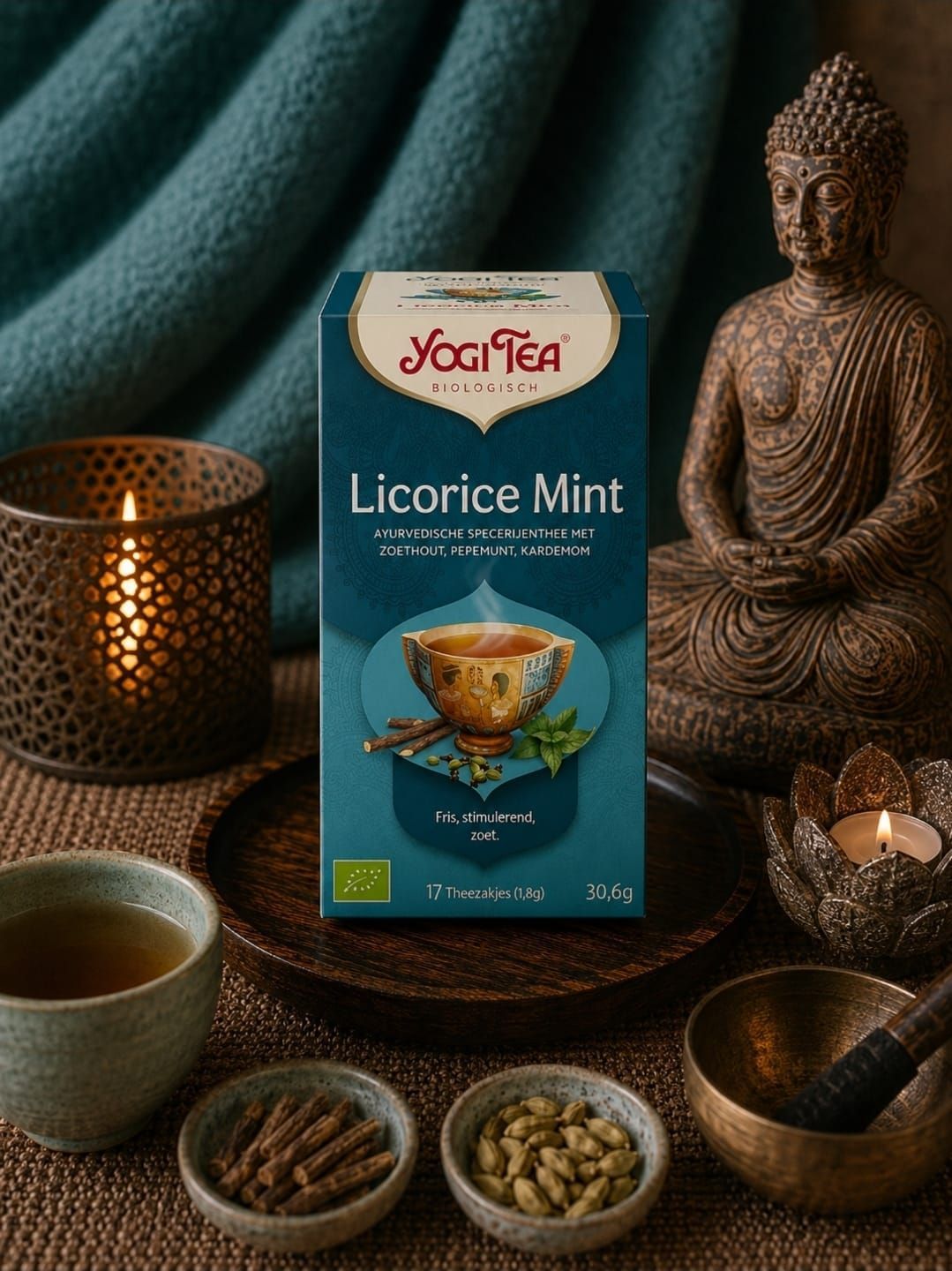 Yogi Tea drop-muntdoos met theekopjes, kruiden en een Boeddhabeeldje op een donkergroen kleed.