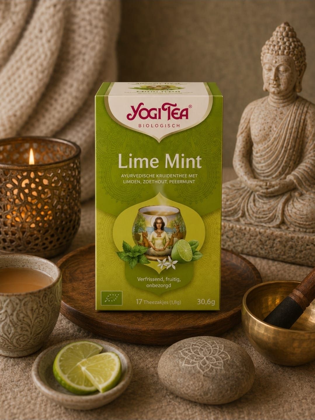 Een doosje Yogi Tea Lime Mint op een gezellig tafeltje met kaarsen, thee, schijfjes limoen en een Boeddhabeeldje.