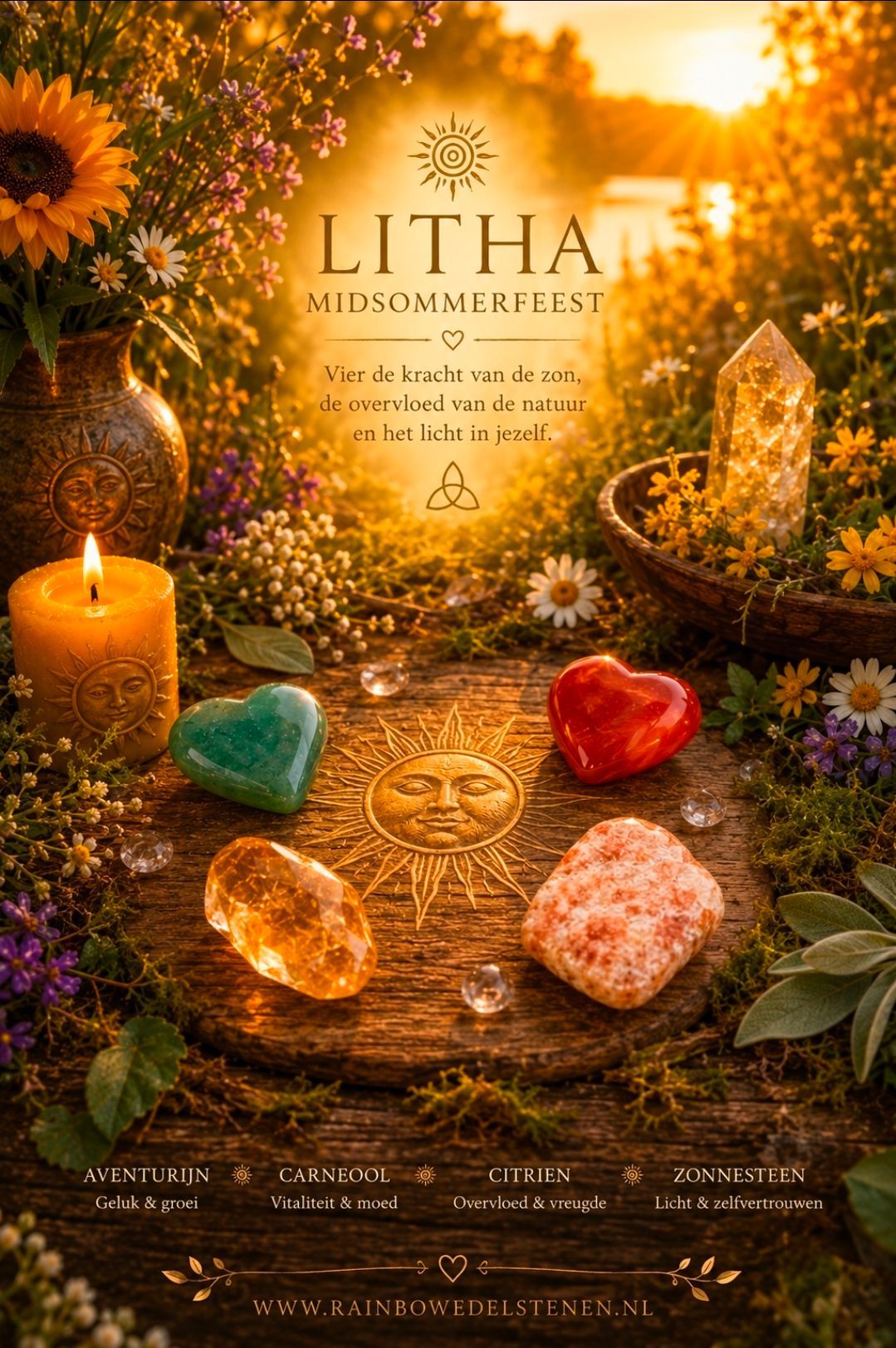 Poster van het Litha midzomerfestival met kaarsen, bloemen, kristallen en warm, goudkleurig boslicht.