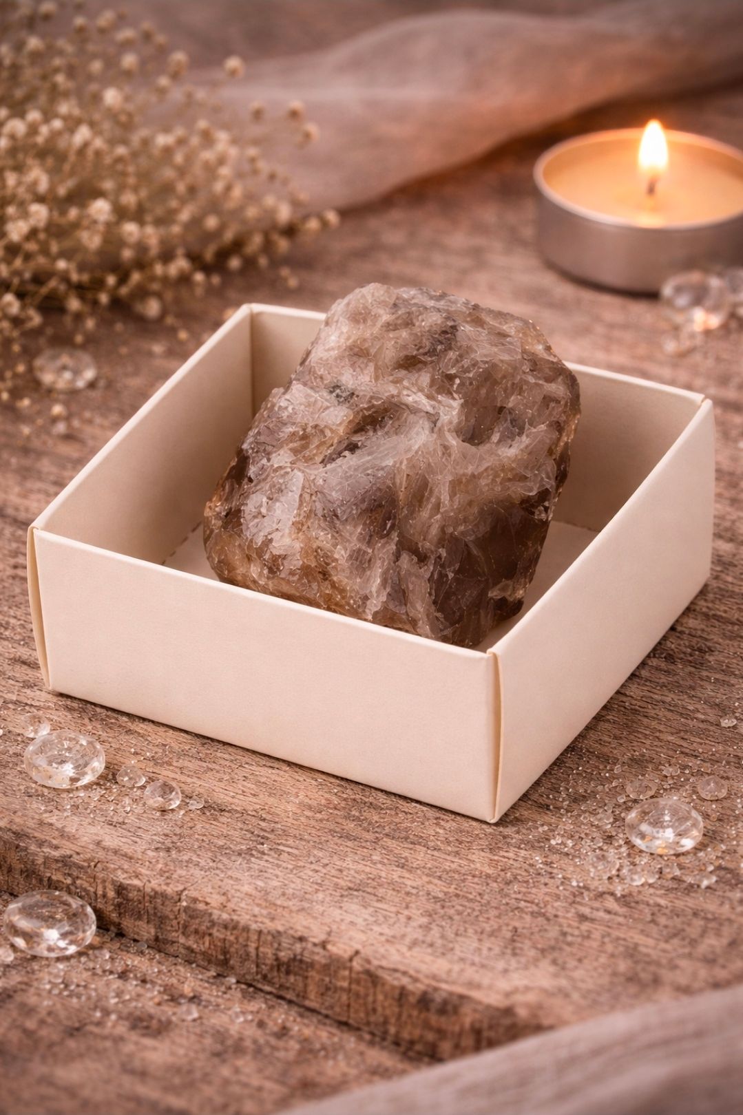 Een ruwe bruine steen in een witte doos op een houten ondergrond, met een brandende kaars op de achtergrond.