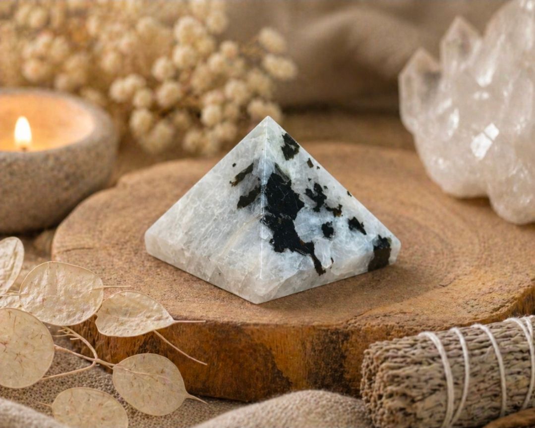 Witte kristallen piramide met zwarte stippen op een houten schijf, naast een brandende kaars en heldere kwartsstenen.