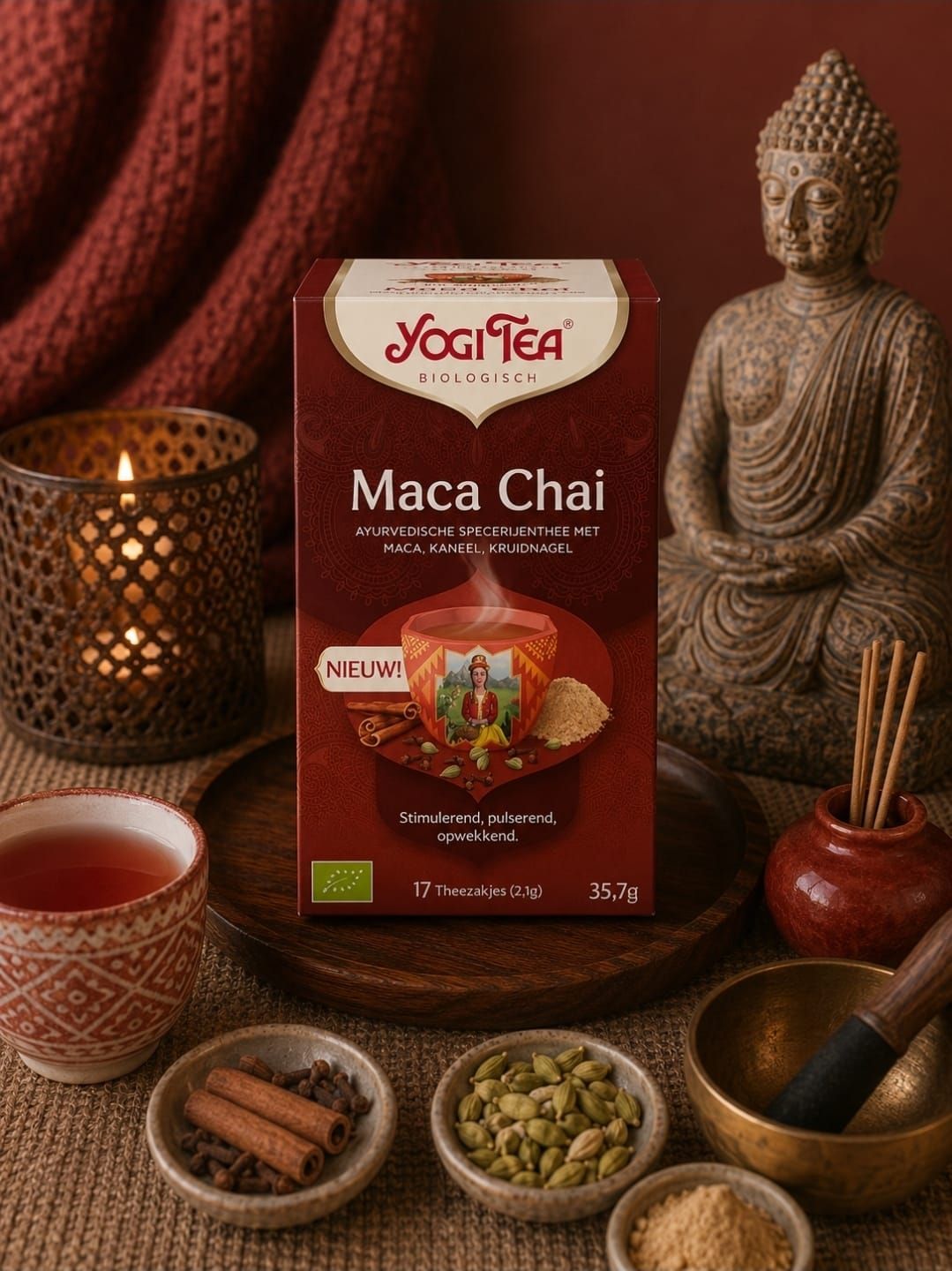 Een doos Yogi Tea Maca Chai op een tafel met theekopjes, kruiden en een Boeddhabeeld tegen een rode achtergrond.