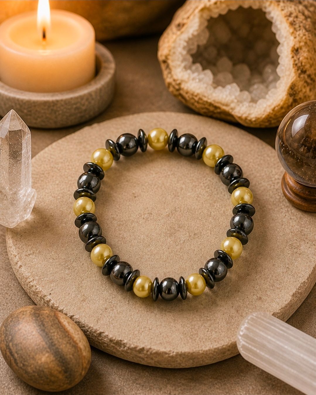 Een armband van zwarte en gouden kralen op een beige stenen plaat met kristallen en kaarsen.