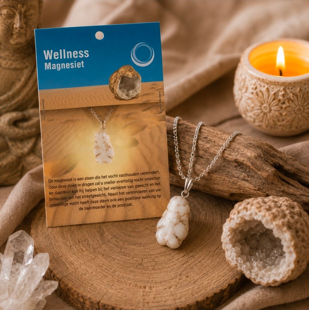 Hangerketting van magnesiet op een houten plaatje met wellnesskaartje, kaars en schelpdecoratie.
