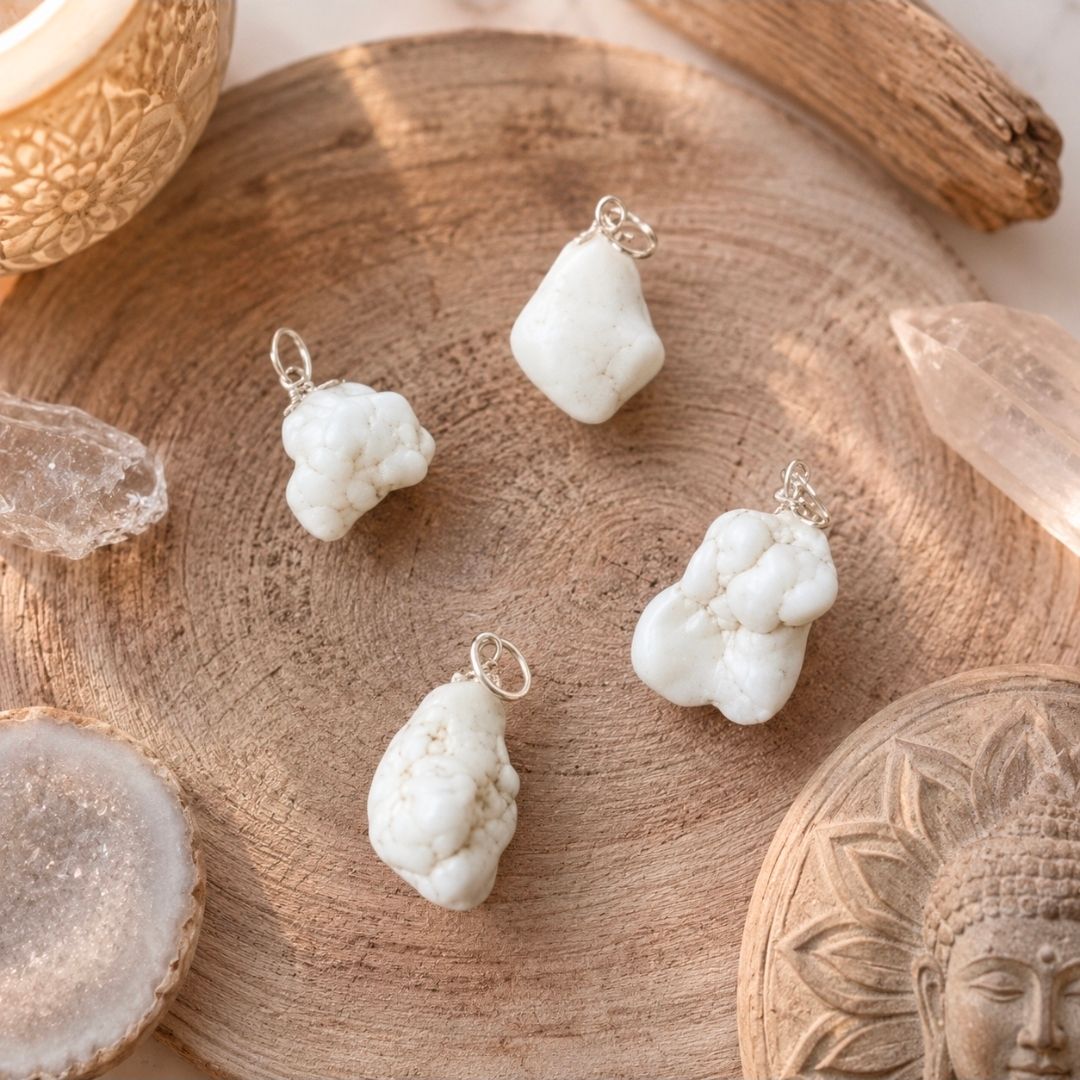 Witte edelsteenhangers op een gebeeldhouwd houten dienblad met een Boeddha-afbeelding en natuurlijke decoratie.