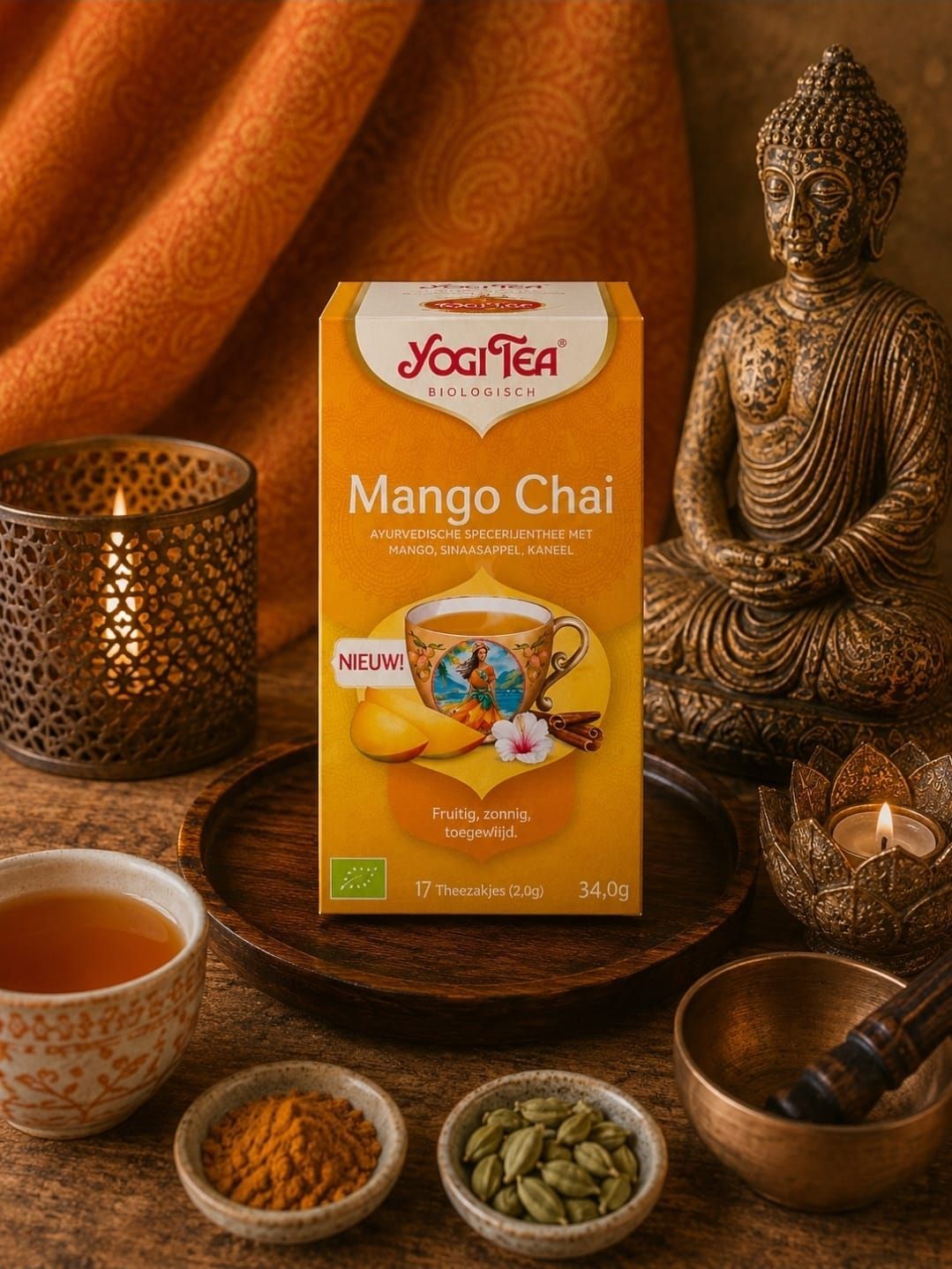 Een doos Yogi thee Mango Chai, omringd door chai-kruiden, kopjes en een Boeddhabeeld tegen een warme oranje achtergrond.