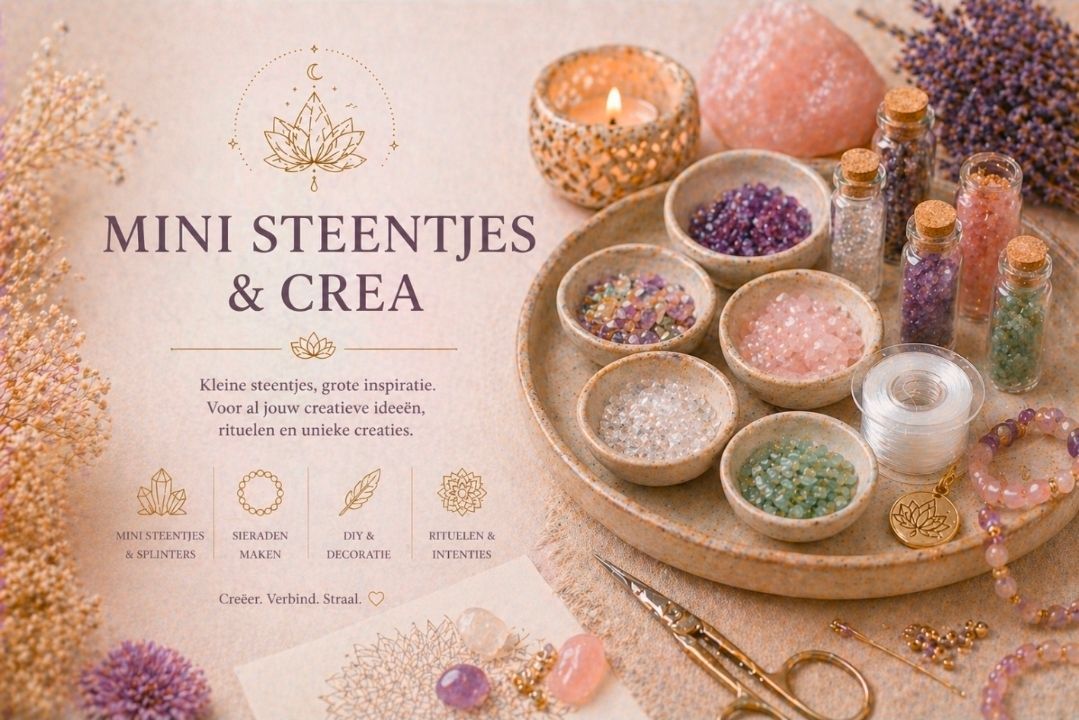 Mini STeentjes & Crea knutseldisplay met pastelkleurige potjes, kralen en decoratieve materialen op een roze achtergrond.
