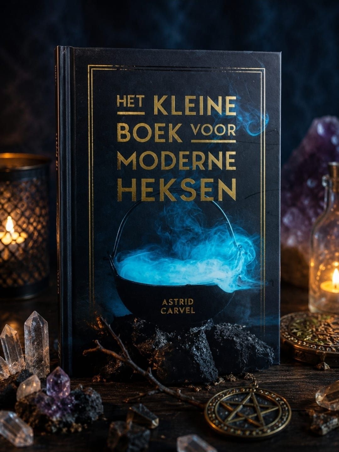 Dutch book cover for “Het Kleine Boek voor Moderne Heksen,” with glowing blue crystal ball and candles