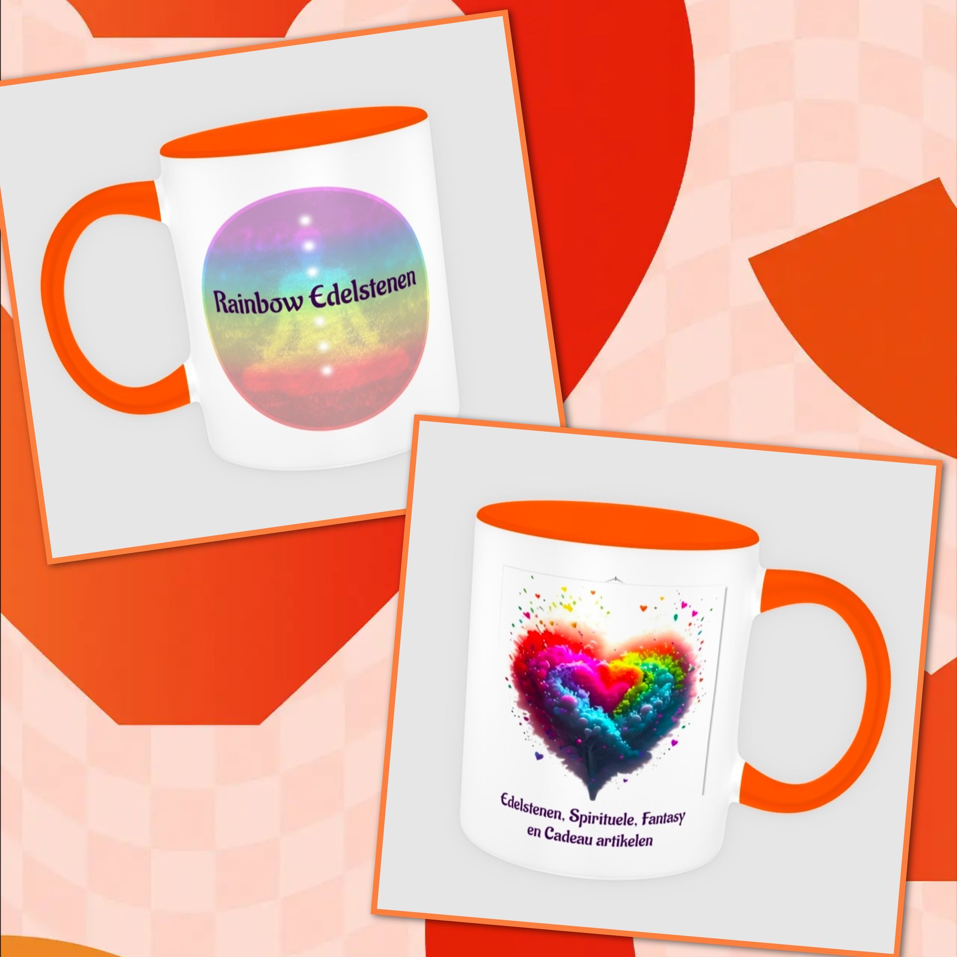 Twee mokken met oranje handvatten, versierd met regenboog- en hartmotieven, op witte kaartjes tegen een oranje achtergrond.