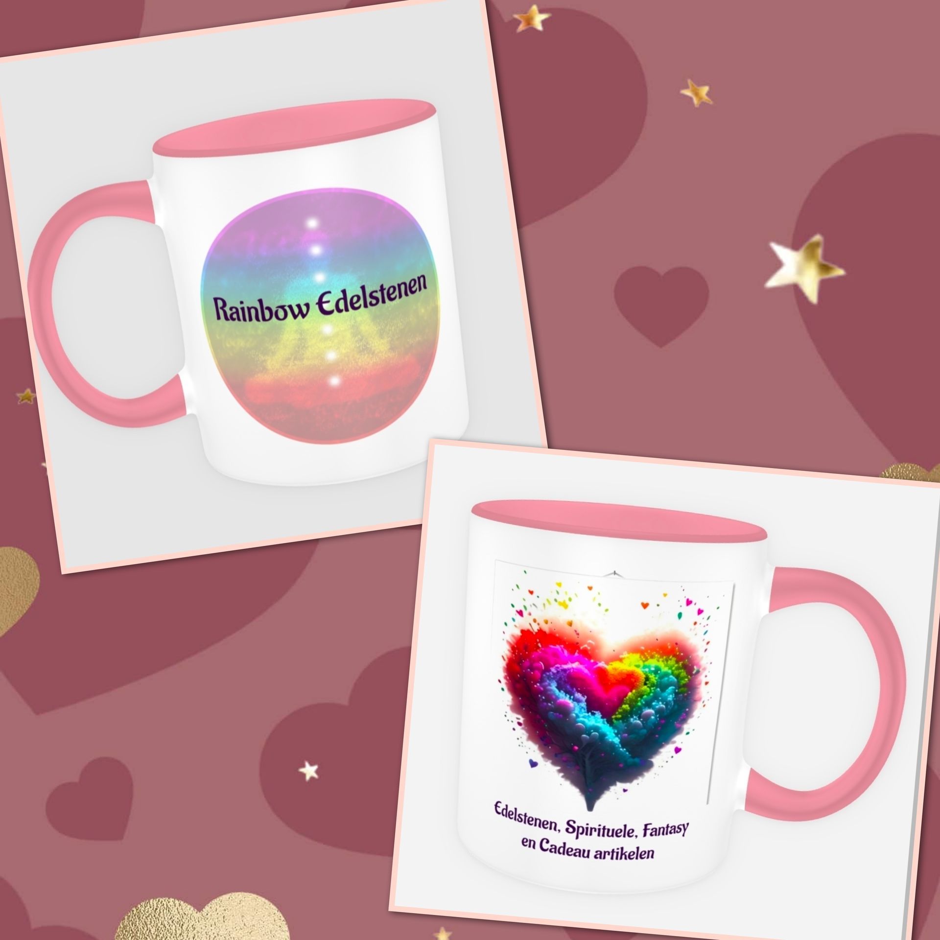 Twee roze mokken met regenbooghartjes op een achtergrond met hartjesmotief.