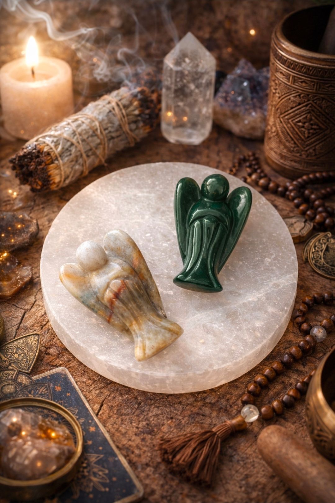 Kristallen en gepolijste stenen op een witte schaal, omringd door kaarsen, kralen en tarotachtige decoraties.