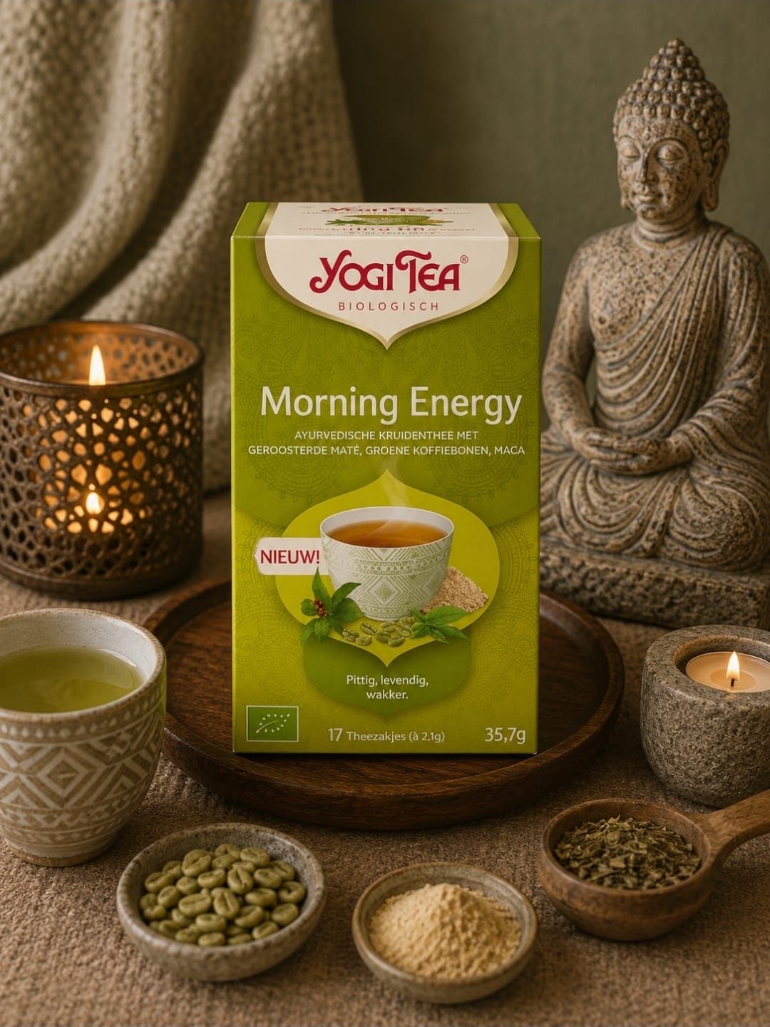 Een Yogi Tea Morning Energy-box met theekopjes, losse thee en een Boeddhabeeldje op een sfeervol verlichte tafel.