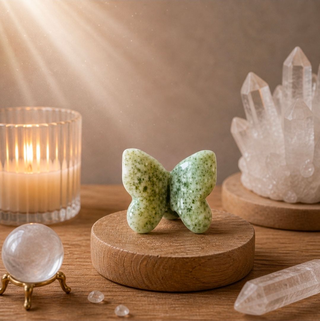 Een vlindervormig groen kristal op een houten standaard, met kaarsen en kwartskristallen op een warme tafel.