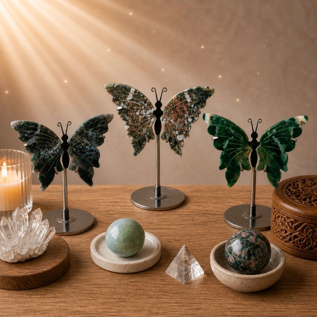 Kristallen vlindersculpturen op sokkels met kaarsen en stenen op een houten tafel onder warm licht.