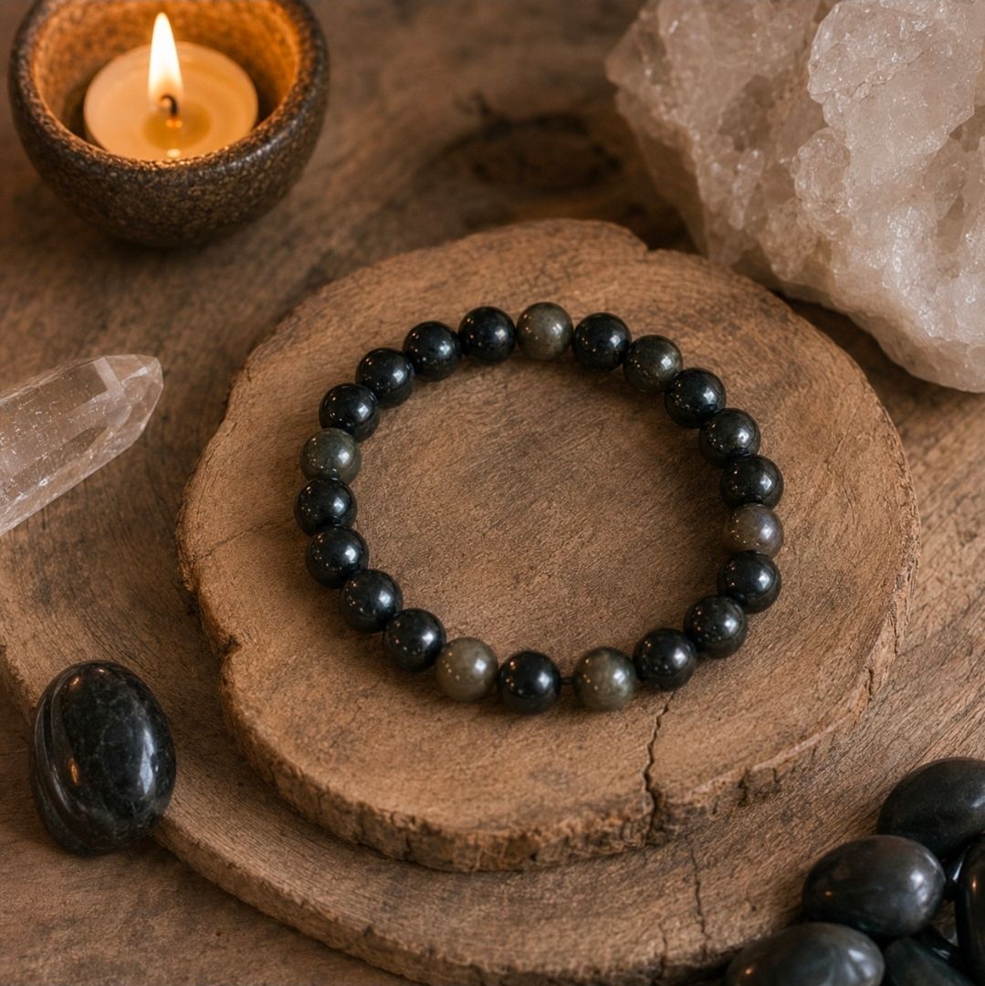 Een zwarte kralenarmband op een houten schijfje naast een brandende kaars en kristallen op een bruine tafel.