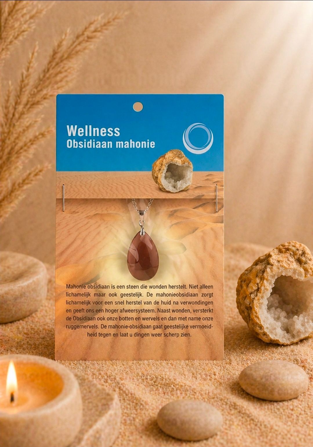 Poster met spa-thema, met een blauw Wellness-bord, gedroogde bloemen, stenen, een kaars en warme beigetinten.
