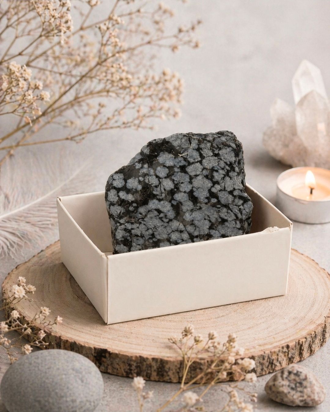 Zwart gespikkeld kristal in een witte doos op een houten dienblad met gedroogde bloemen en een brandende kaars.
