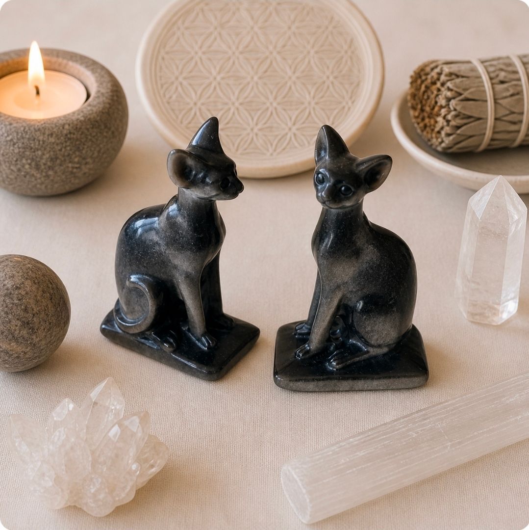 Twee zwarte kattenbeeldjes op een beige altaar met een brandende kaars, kristallen en een witte schaal.