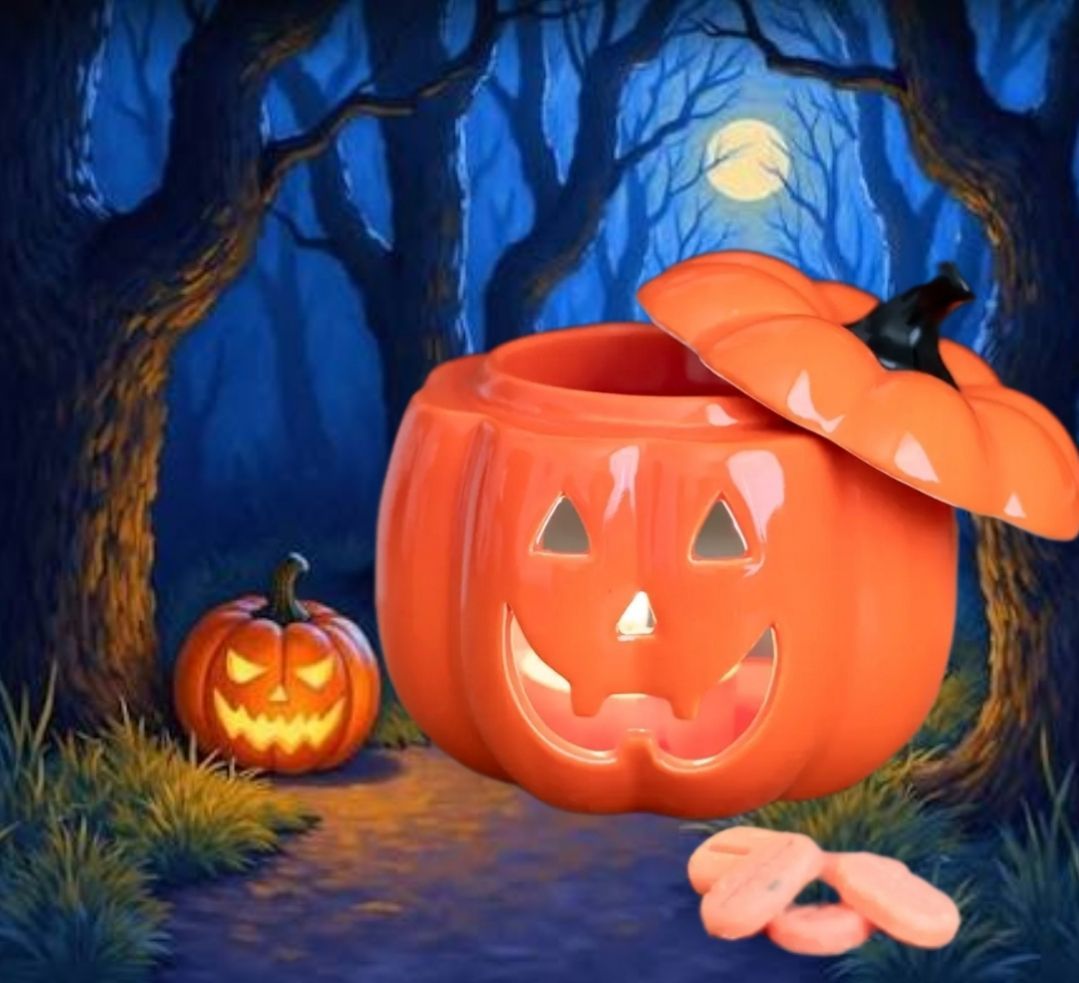 Halloweenpompoenen gloeien in het maanlicht op een spookachtig bospad.