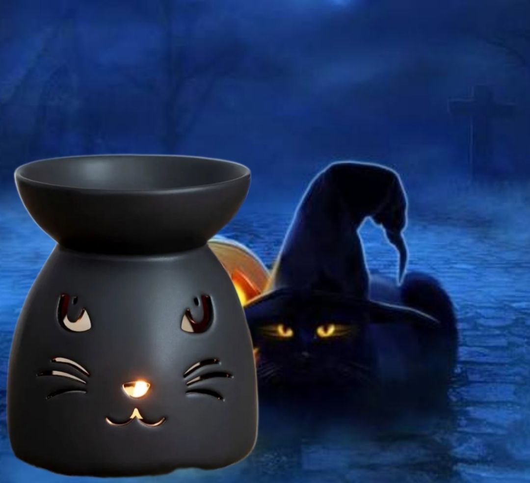 Zwarte wierookbrander met een kattengezicht voor een donkere figuur met capuchon en gloeiende ogen